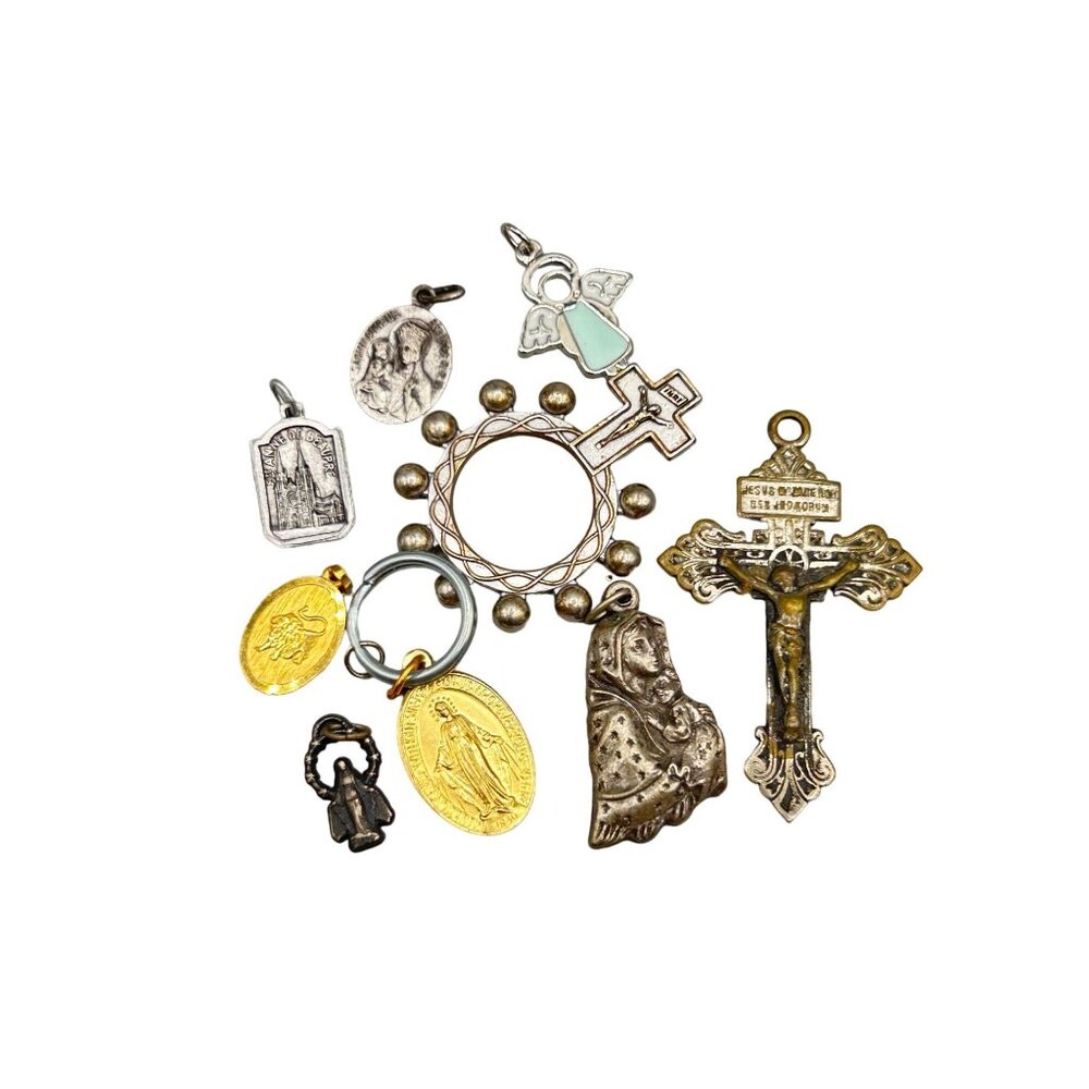 Lot of 9 Vintage Religious Medals & Crosses Christian Charms Catholic Pendants